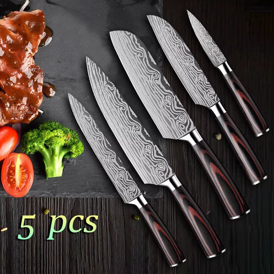MDHAND 5Pcs Kitchen Chef Knife Set with Sharp High Carbon Stainless Steel Forged Blade and Ergonomically Pakkawood Handle