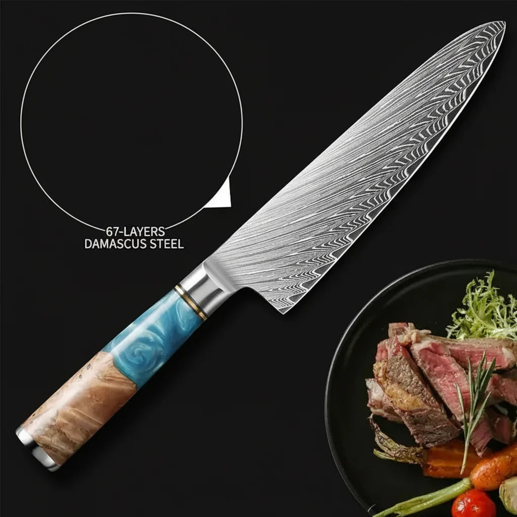Damascus Chef Knife – Blue Resin Wood Handle