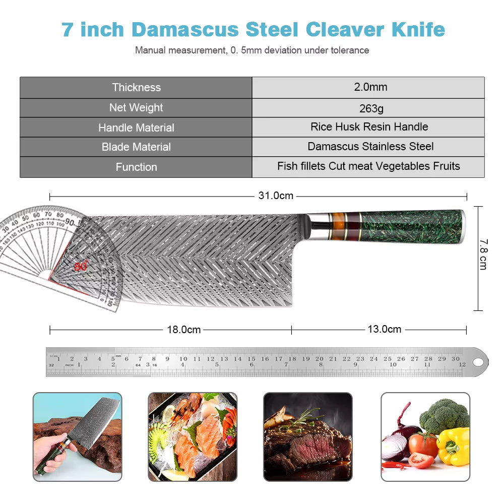 Meat Cleaver Knife 7” Razor Sharp Damascus Steel Kitchen Knife,Butcher Knife for Chopping Meat & Veggies,Rice Husk Resin Handle