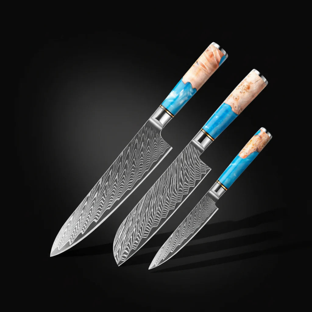 67-Layer Damascus Kitchen Knife Set – Chef, Nakiri, Utility & Santoku Knives with Wooden Handle