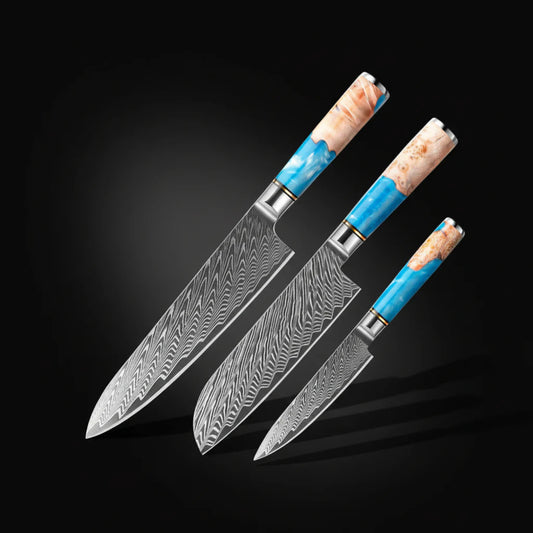 67-Layer Damascus Kitchen Knife Set – Chef, Nakiri, Utility & Santoku Knives with Wooden Handle