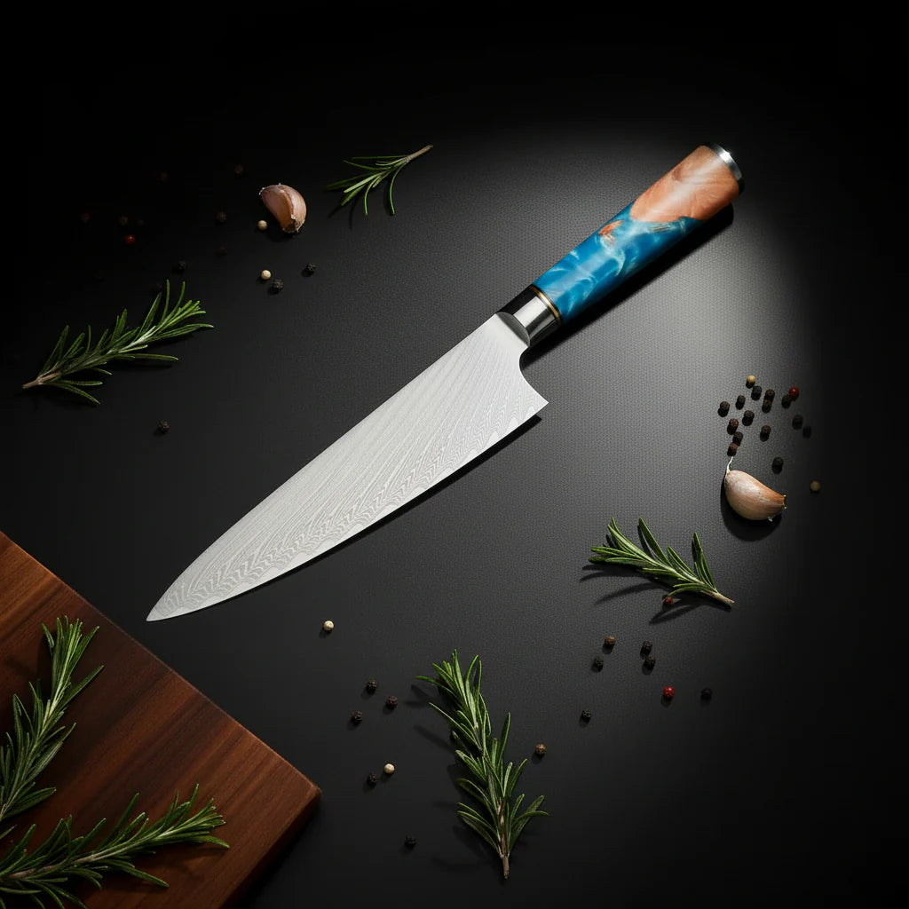 Damascus Chef Knife – Blue Resin Wood Handle
